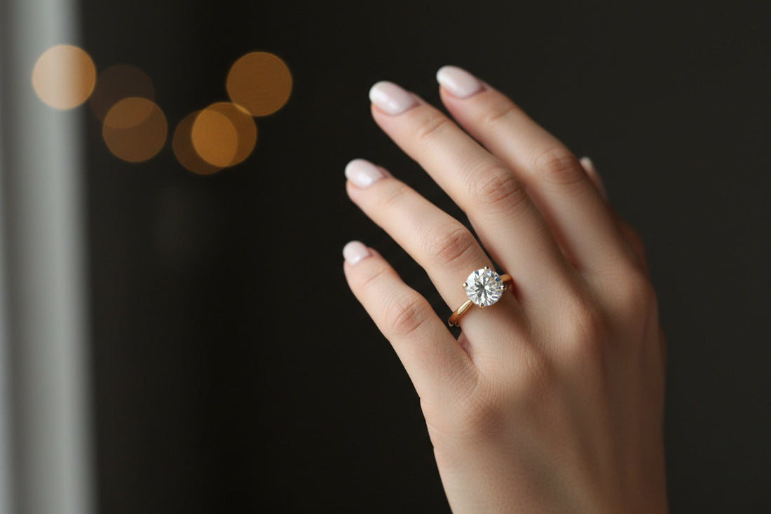1 carat round brilliant diamond engagement ring in 18K yellow gold solitaire setting worn on a size 6 finger — elegant hand jewelry photography by JewelryRich