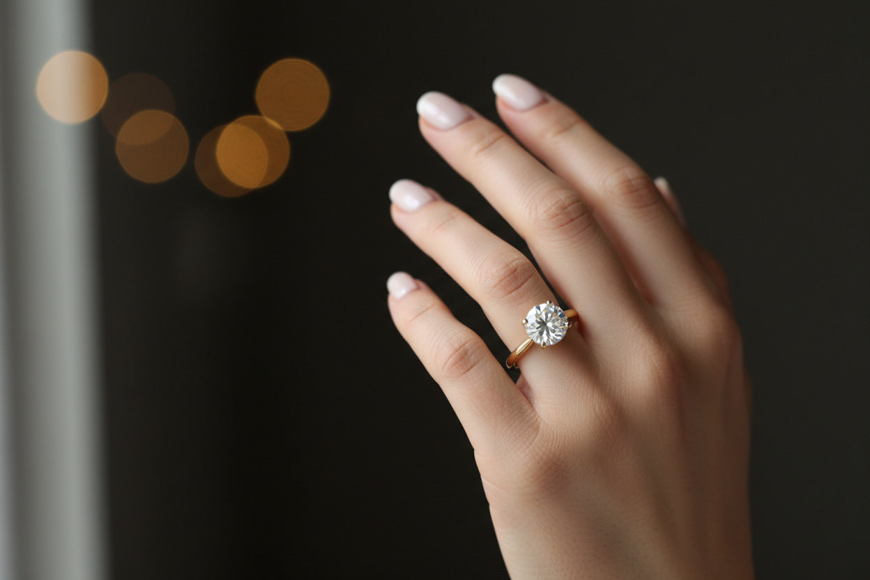 1 carat round brilliant diamond engagement ring in 18K yellow gold solitaire setting worn on a size 6 finger — elegant hand jewelry photography by JewelryRich