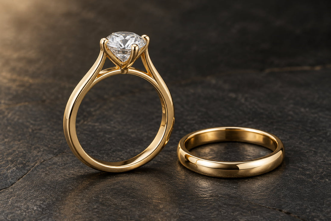 Side view of a yellow gold cathedral diamond ring with arched shoulders and an open gallery beside a plain gold wedding band on dark stone.