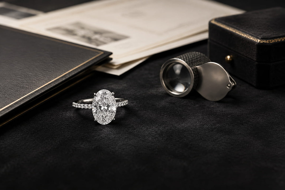 Luxury fine jewellery appraisal and insurance still life featuring an oval diamond engagement ring, appraisal documents and a jeweller's loupe on charcoal velvet