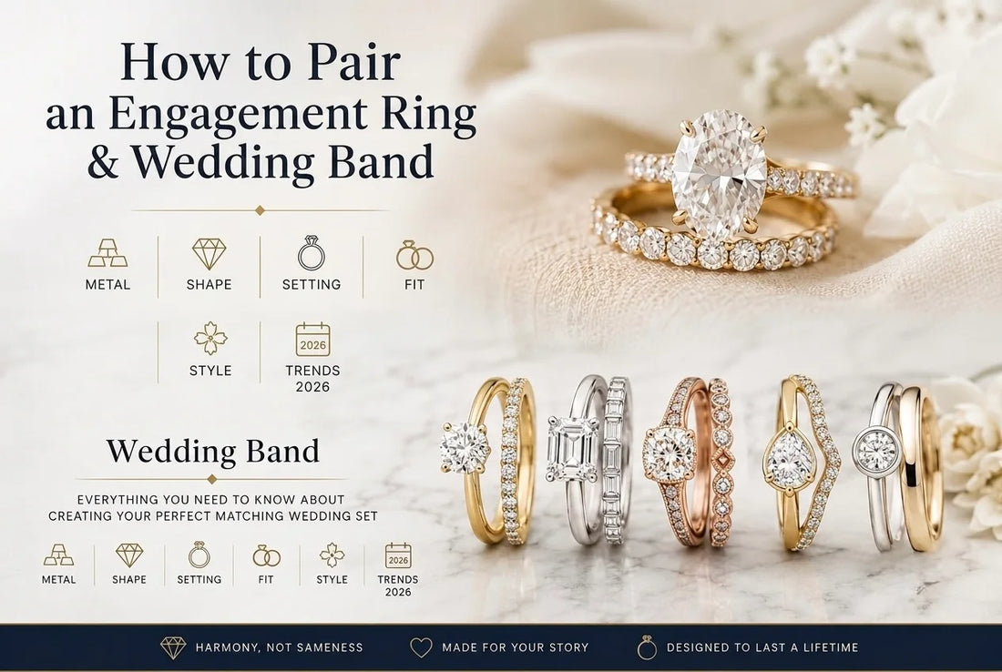 Matching wedding set guide — how to pair an engagement ring and wedding band by metal, shape, setting, and style — JewelryRich 2026