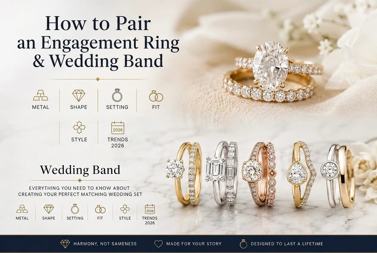 Matching wedding set guide — how to pair an engagement ring and wedding band by metal, shape, setting, and style — JewelryRich 2026