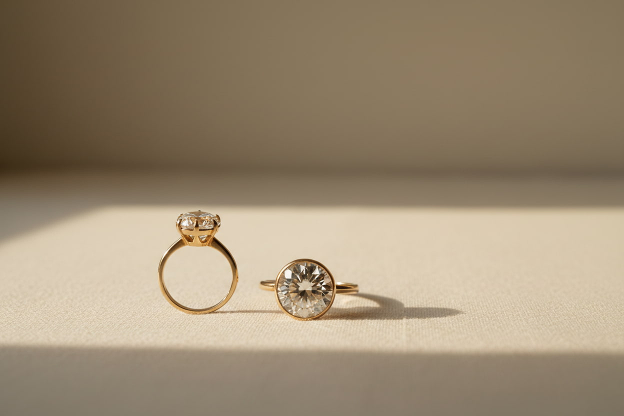 Two antique Old European cut diamond rings in 18k yellow gold on cream linen — showing characteristic round girdle, high crown and open culet, with warm candlelight fire