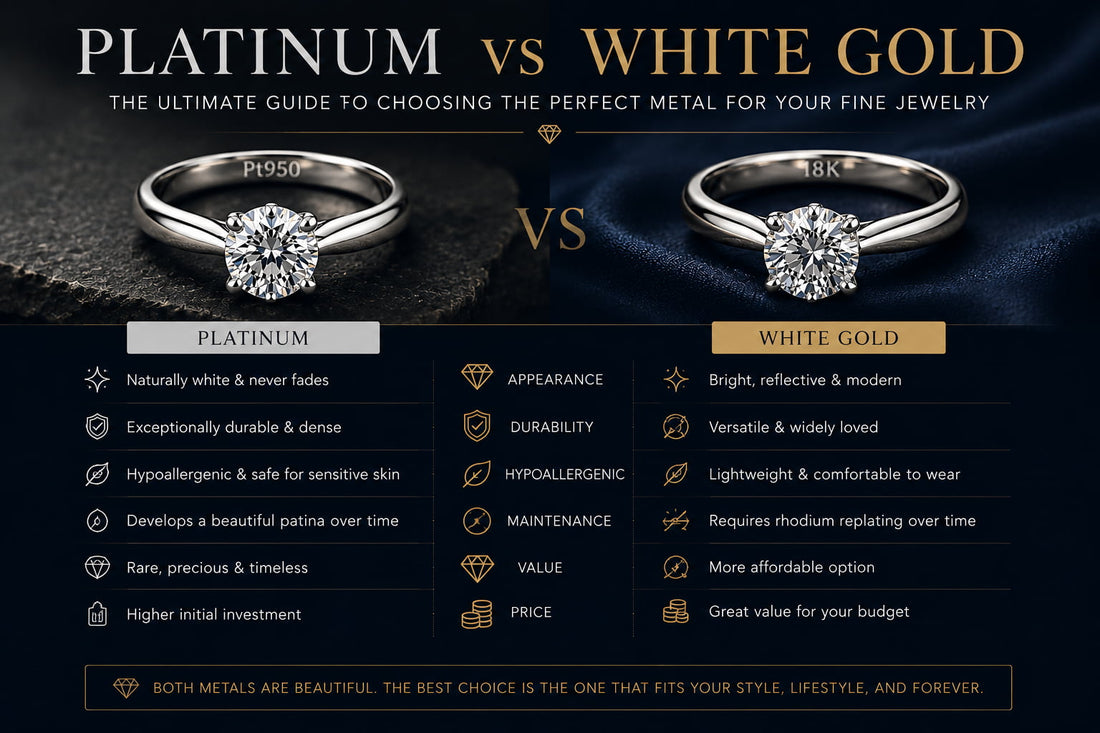 Platinum vs white gold engagement ring comparison infographic — JewelryRich fine jewelry guide