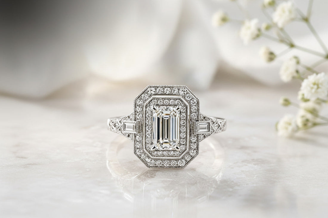 Art Deco emerald cut double halo diamond engagement ring platinum milgrain filigree buying guide
