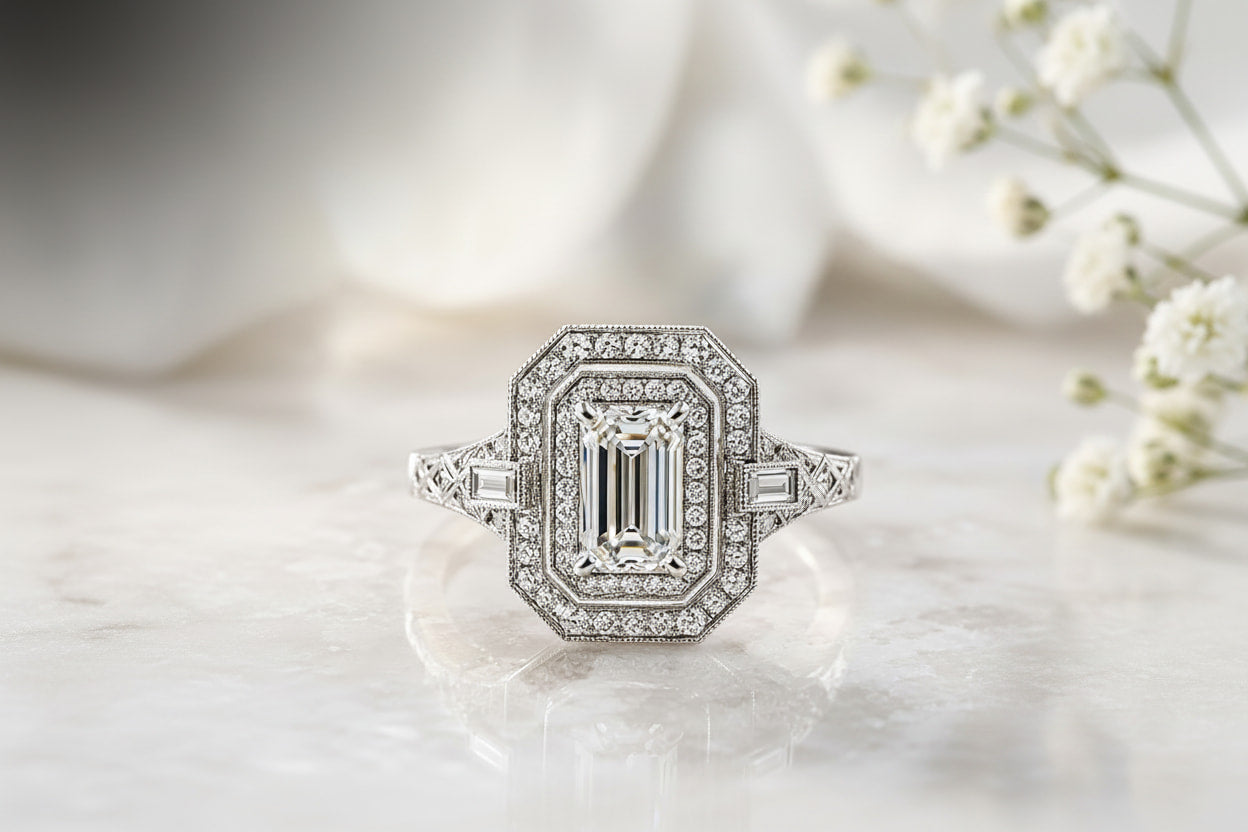 Art Deco emerald cut double halo diamond engagement ring platinum milgrain filigree buying guide