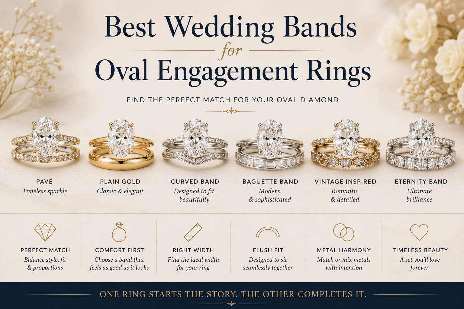 Best wedding bands for oval engagement rings — pavé, plain gold, curved band, baguette, vintage inspired, and eternity band style comparison guide by JewelryRich