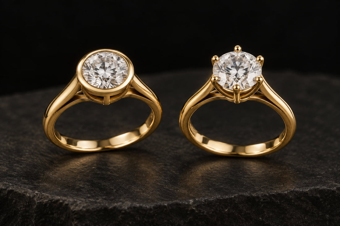Side-by-side comparison of two yellow gold round diamond rings: a full bezel setting on the left and a six-prong setting on the right, photographed on dark stone