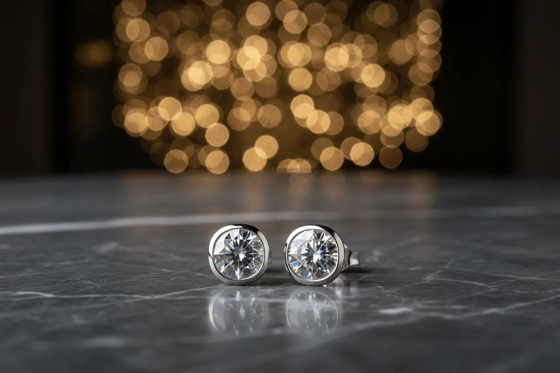 Bezel-set diamond stud earrings in 18K white gold on dark marble surface — JewelryRich expert buying guide