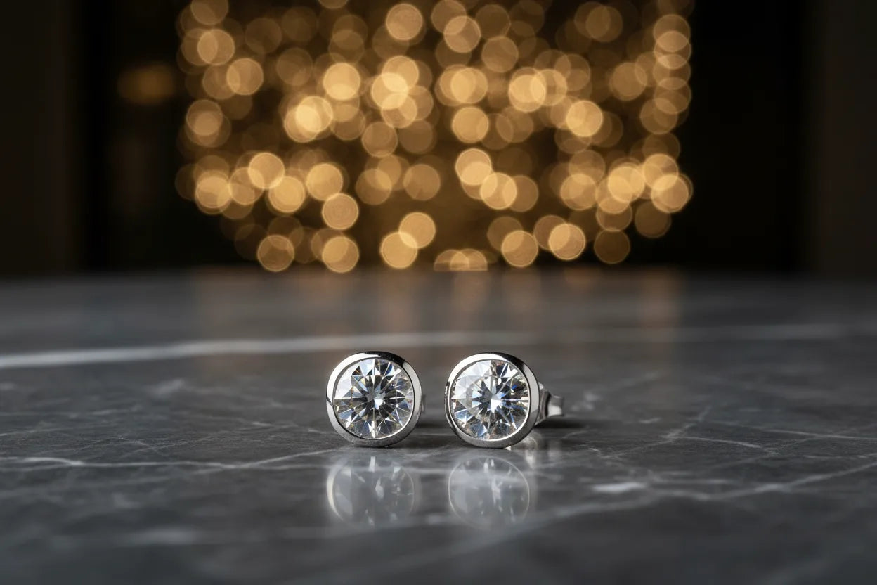 Bezel-set diamond stud earrings in 18K white gold on dark marble surface — JewelryRich expert buying guide