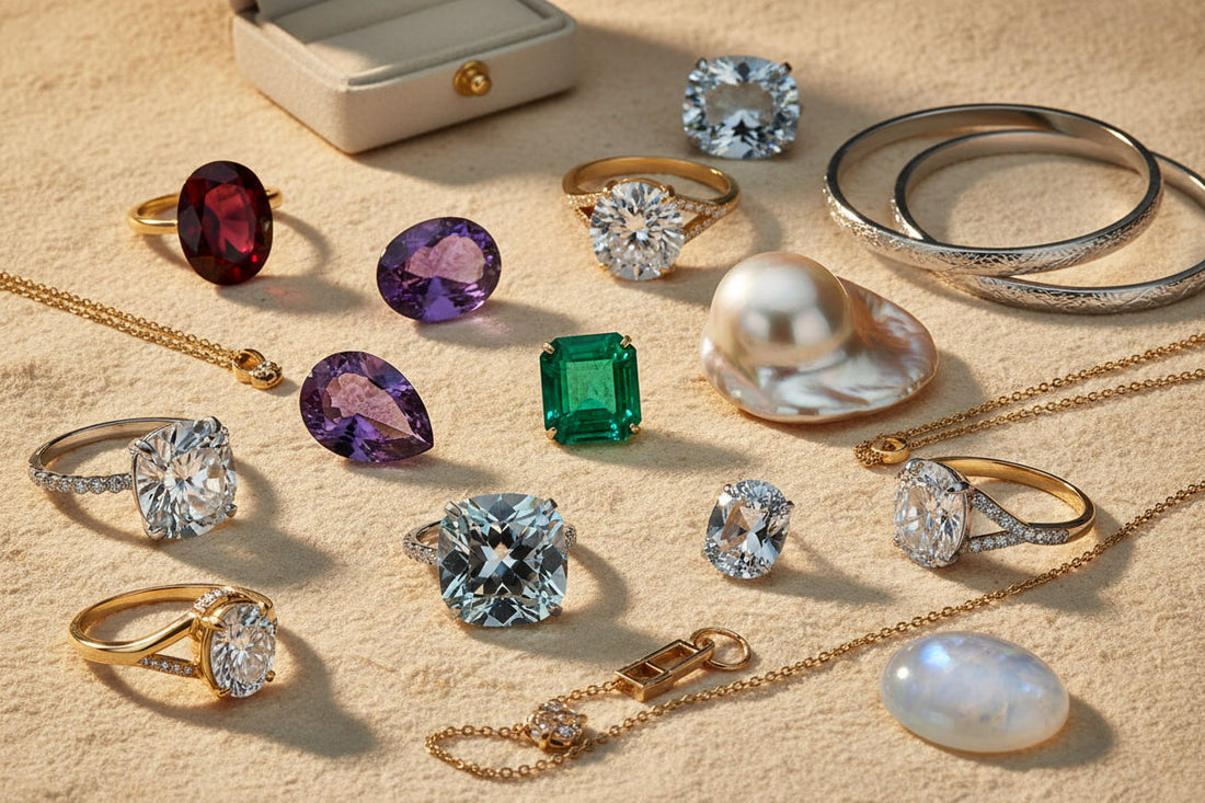 Complete birthstone jewelry guide featuring garnet, amethyst, aquamarine, diamond, emerald, pearl, alexandrite and moonstone gemstones — JewelryRich Fine Jewelry