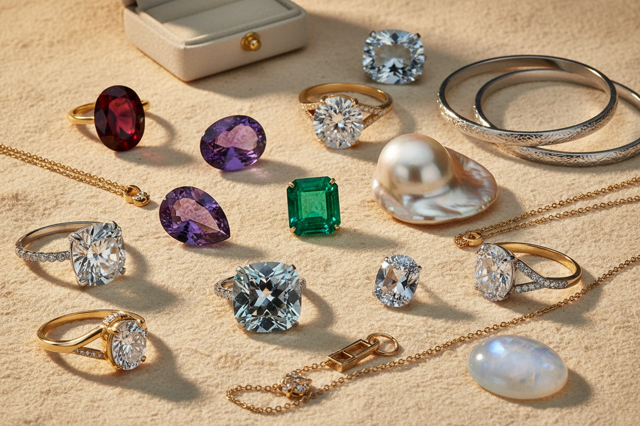 Complete birthstone jewelry guide featuring garnet, amethyst, aquamarine, diamond, emerald, pearl, alexandrite and moonstone gemstones — JewelryRich Fine Jewelry