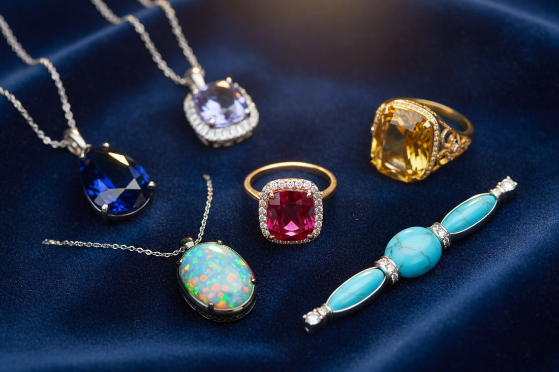 Birthstone jewelry collection July to December flat lay — ruby, sapphire, opal, citrine, tanzanite, and turquoise gemstone jewelry on dark velvet with soft golden light
