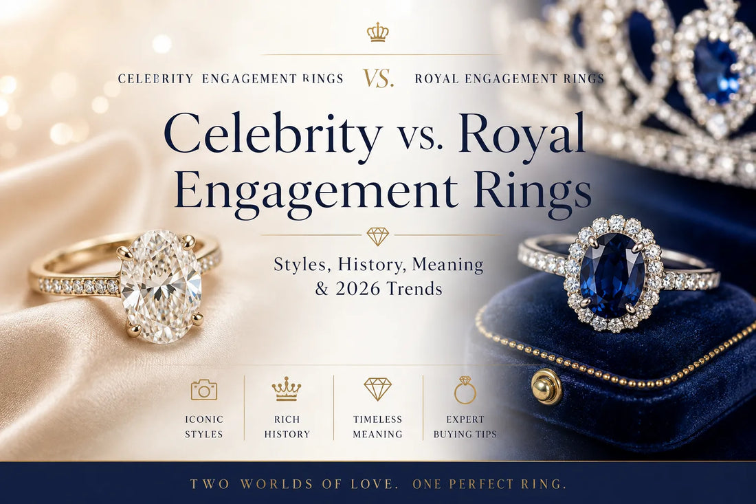 Celebrity and royal engagement rings compared — oval diamond solitaire, sapphire halo, emerald cut three-stone, and Toi et Moi styles, editorial flat lay on dark stone, JewelryRich fine jewelry guide 2026