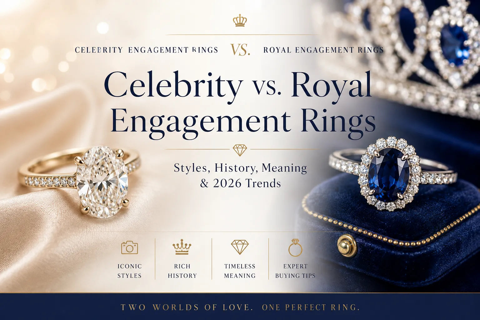 Celebrity and royal engagement rings compared — oval diamond solitaire, sapphire halo, emerald cut three-stone, and Toi et Moi styles, editorial flat lay on dark stone, JewelryRich fine jewelry guide 2026