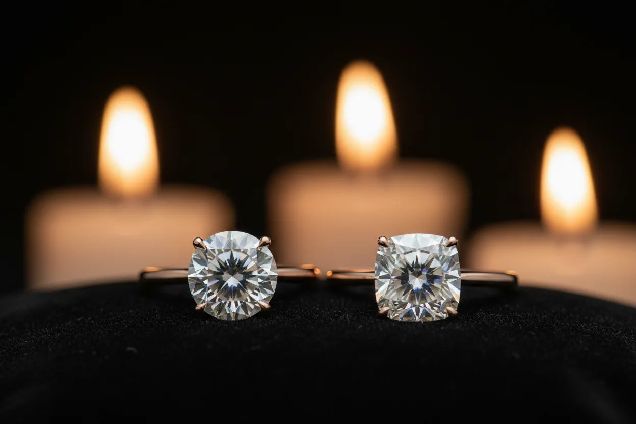 Cushion cut vs round diamond engagement ring comparison in 18K rose gold — side by side on dark background | JewelryRich
