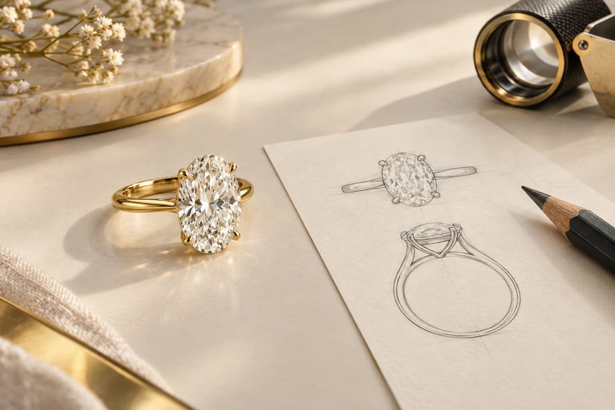 Illustrative yellow gold oval diamond engagement ring beside pencil design sketches, a pencil and a jeweler’s loupe on an ivory desk.