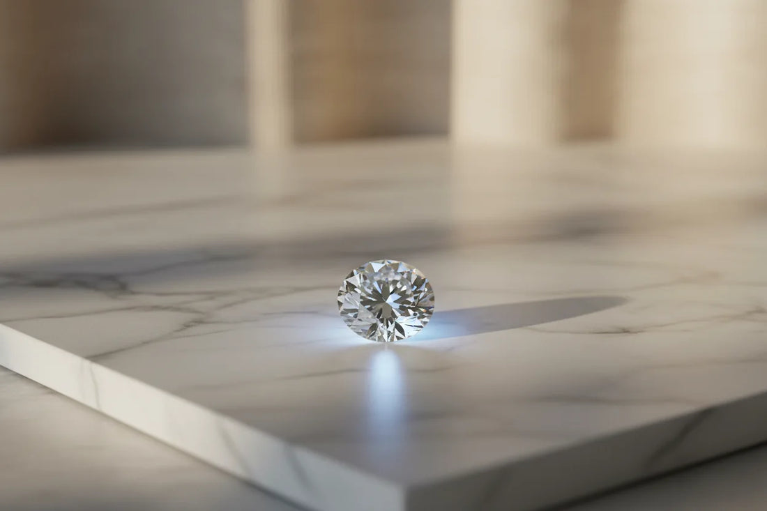 Round brilliant cut diamond showing blue fluorescence glow on white marble — JewelryRich diamond buying guide