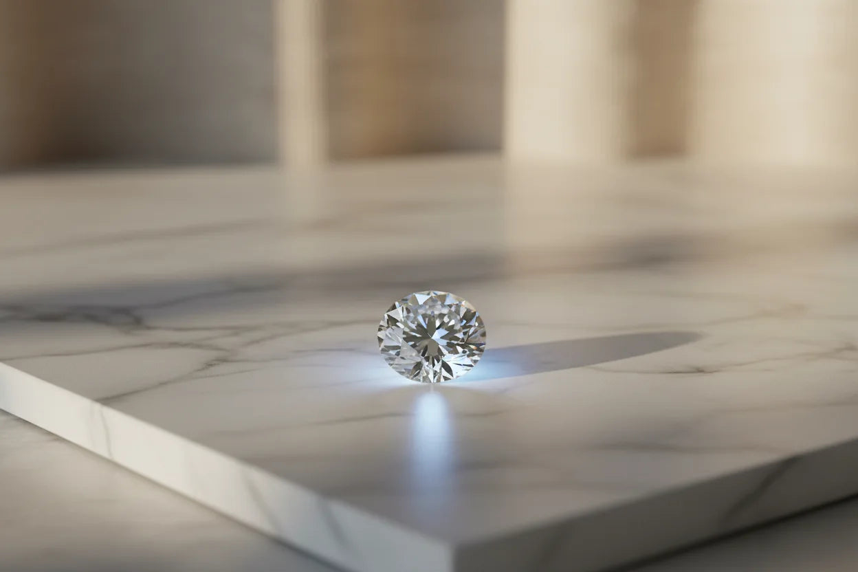 Round brilliant cut diamond showing blue fluorescence glow on white marble — JewelryRich diamond buying guide