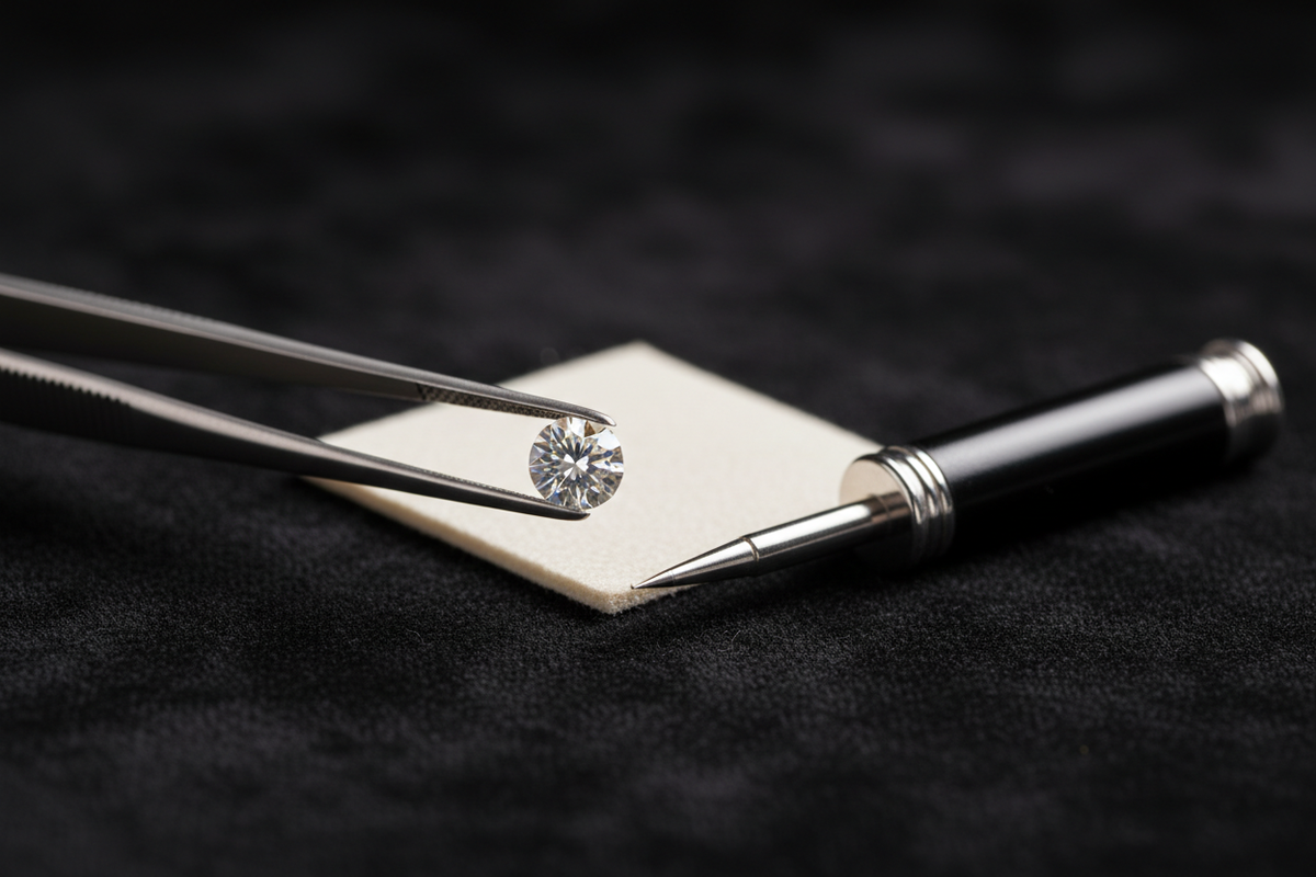 Round brilliant diamond held in gem tweezers beside a jeweler’s loupe on black velvet
