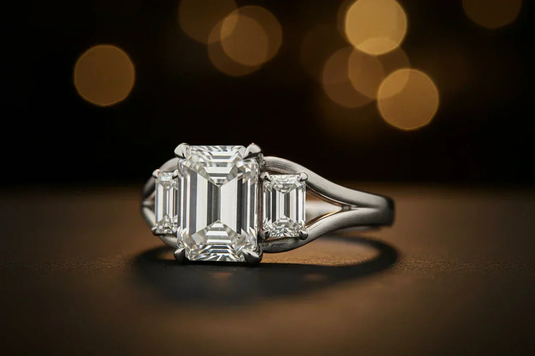 Emerald cut three-stone diamond engagement ring in white gold — hall-of-mirrors step-cut facets and luxury craftsmanship | JewelryRich