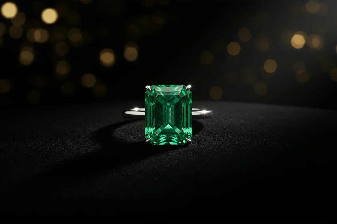 Colombian emerald solitaire ring in platinum on dark velvet, vivid green emerald-cut stone, JewelryRich fine jewelry investment guide
