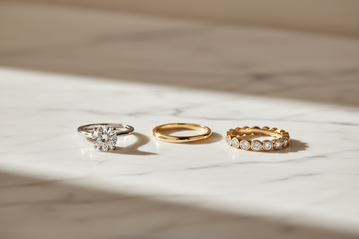 Three fine jewelry rings on white marble — platinum solitaire engagement ring, 18K gold wedding band, and diamond eternity anniversary band — representing the three milestones of love, by JewelryRich Fine Jewelry