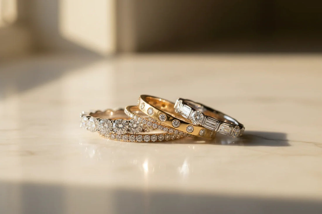 Multiple diamond eternity wedding bands on cream marble — round brilliant, bezel-set 18K gold, pavé, and oval diamond styles — Complete Eternity Wedding Band Guide by JewelryRich Fine Jewelry
