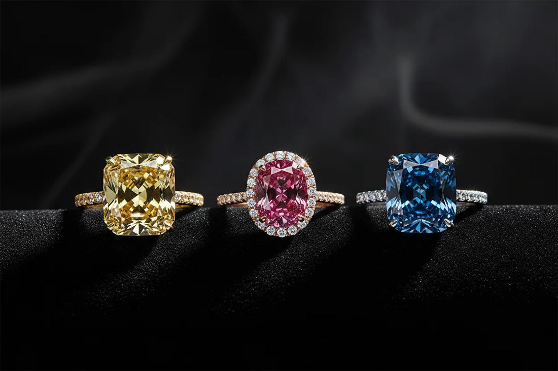 Fancy colored diamond rings — vivid yellow, pink and blue diamonds in luxury settings, JewelryRich fine jewelry guide