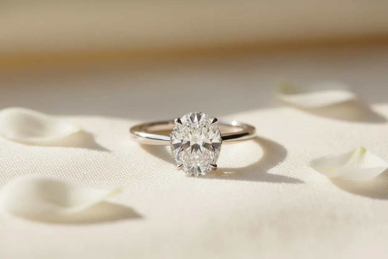 Platinum hidden halo oval diamond engagement ring on ivory silk — classic bestselling hidden halo solitaire design by JewelryRich
