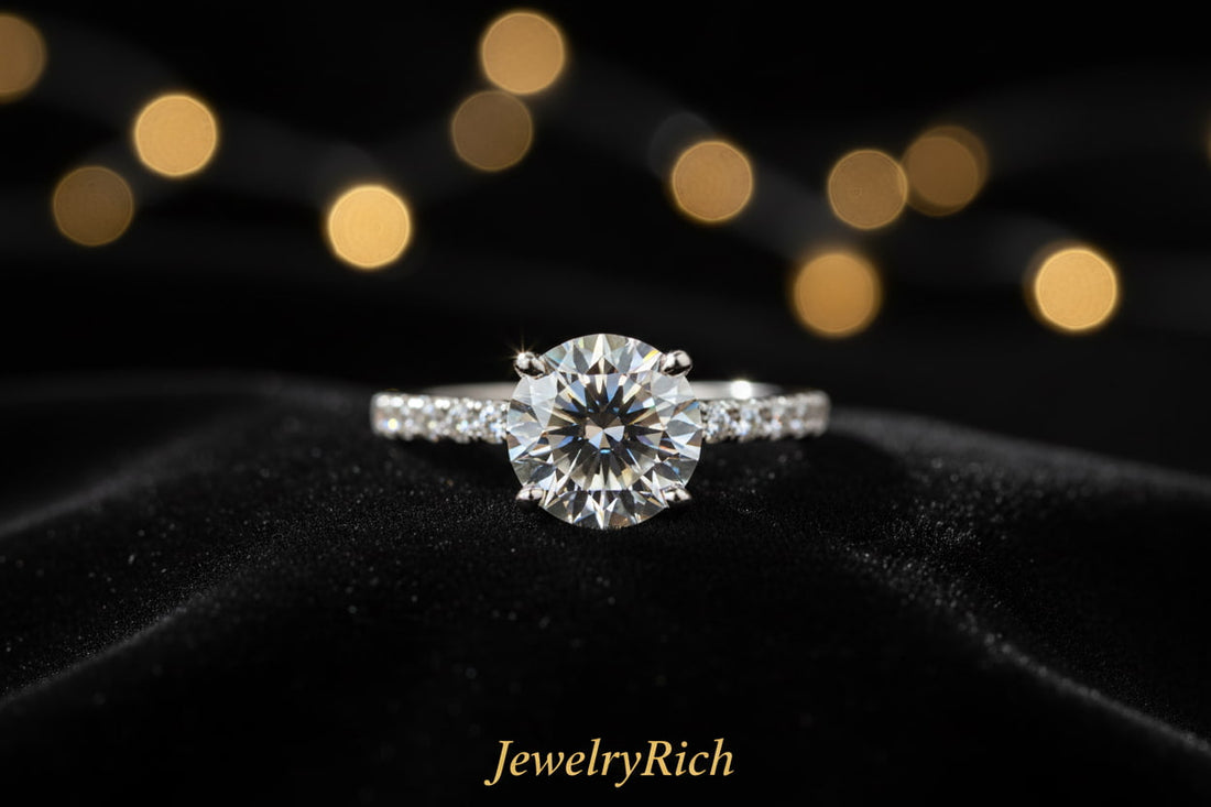 How to buy a diamond ring online safely — GIA certified diamond engagement ring in 18K white gold displayed on dark velvet, JewelryRich