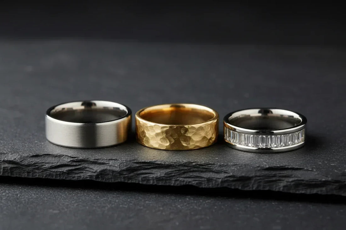 Three men's wedding bands on dark slate — brushed platinum plain band, hammered 18K yellow gold band, and channel-set diamond platinum band — representing the complete range of men's wedding ring styles for 2026