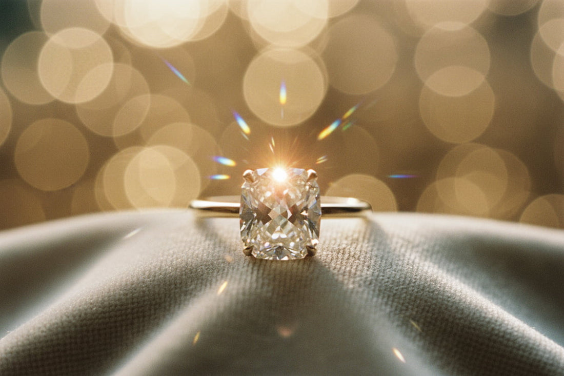 Antique old mine cut diamond ring in yellow gold showing warm candlelight fire and rainbow scintillation