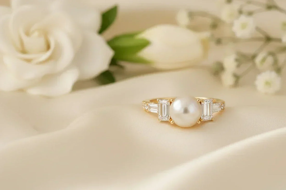 Pearl and emerald-cut diamond engagement ring with white flowers on ivory silk — modern two-stone bridal ring by JewelryRich