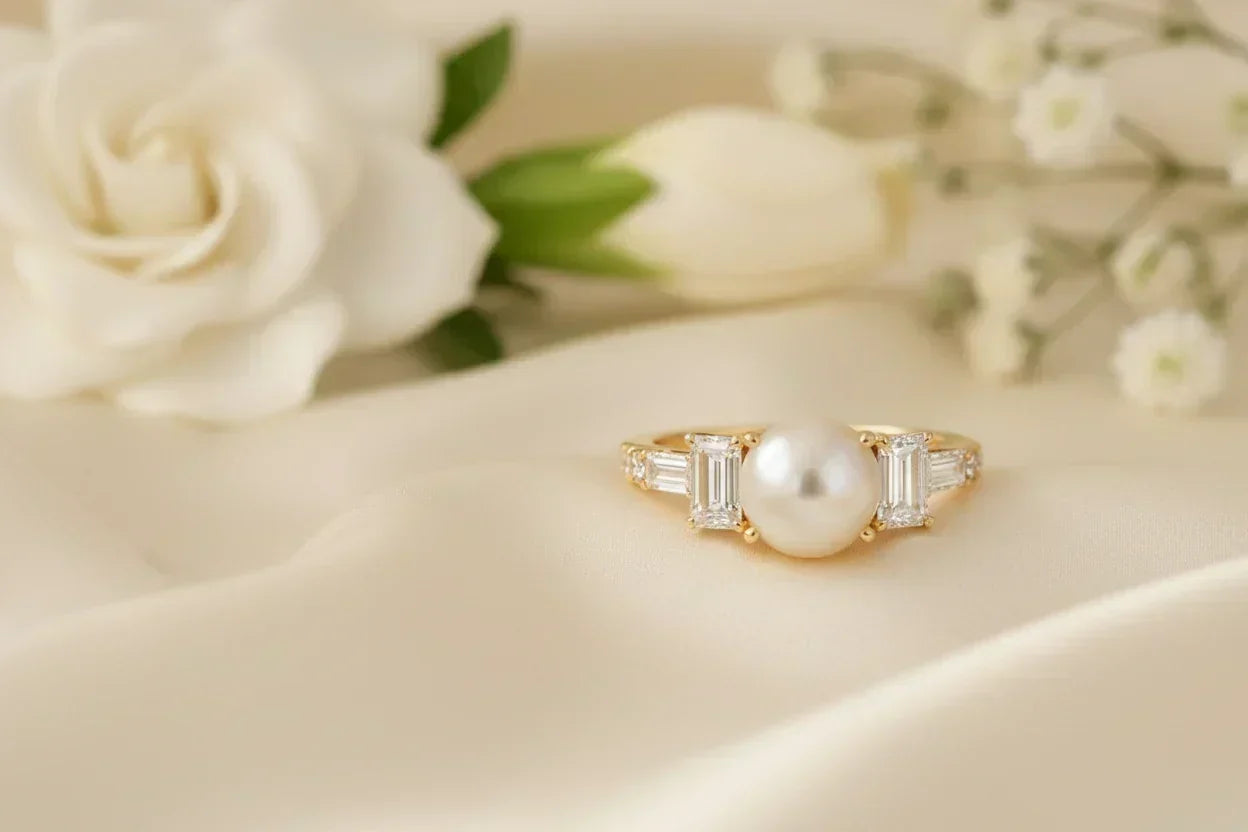 Pearl and emerald-cut diamond engagement ring with white flowers on ivory silk — modern two-stone bridal ring by JewelryRich