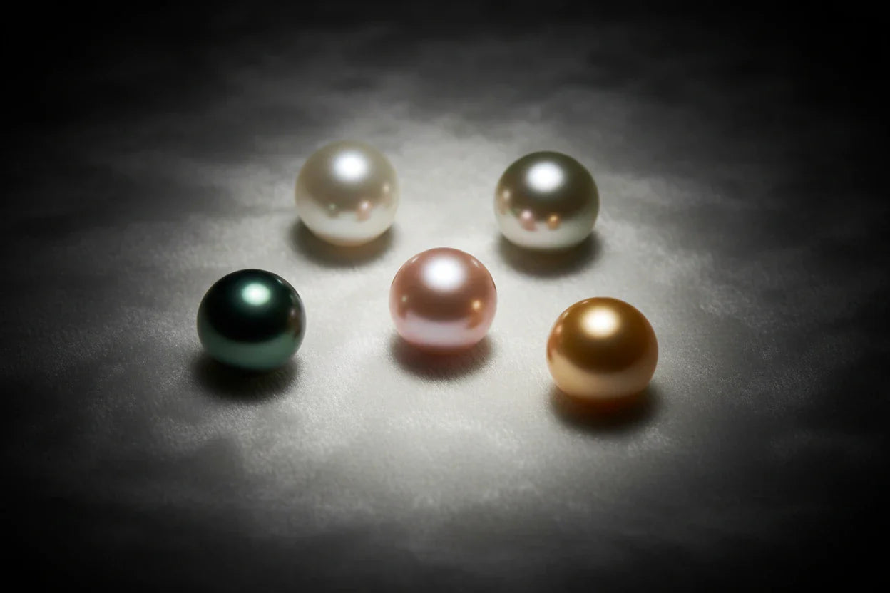 Five premium round pearls in white, cream, pink, peacock green and gold on ivory velvet — luxury pearl jewelry buying guide