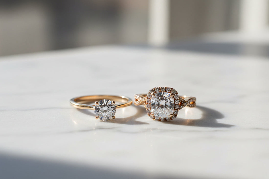 Proposal ring vs engagement ring — two diamond rings side by side on marble