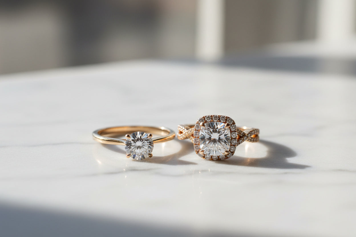 Proposal ring vs engagement ring — two diamond rings side by side on marble