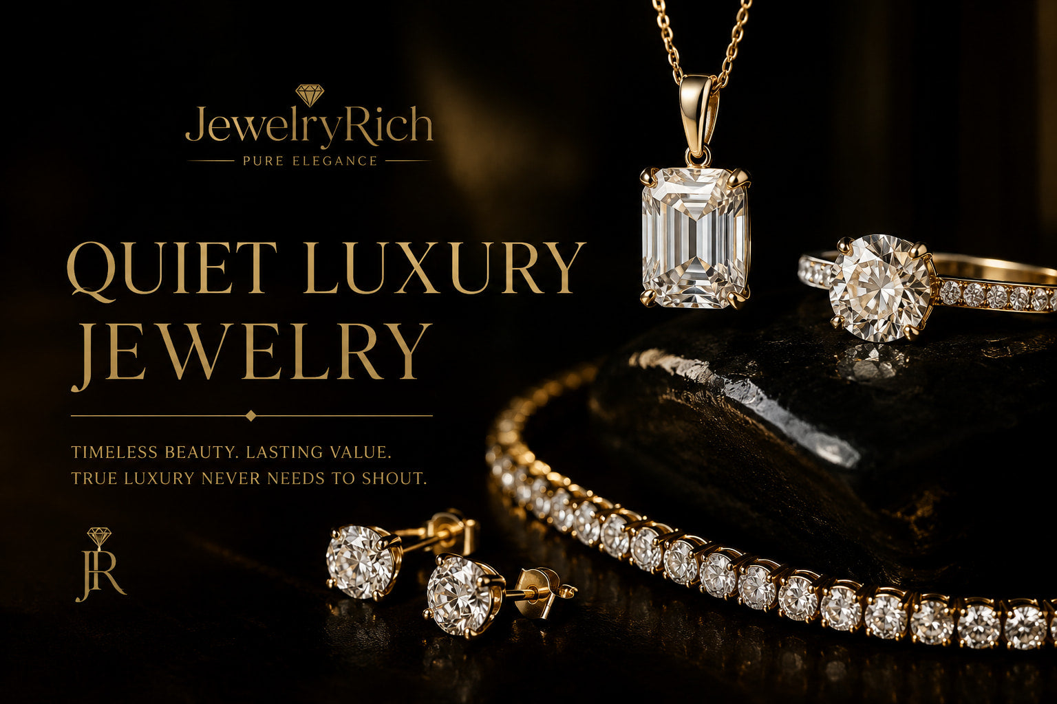 Quiet luxury jewelry collection — platinum solitaire diamond ring, diamond tennis bracelet, diamond stud earrings and pendant necklace arranged on champagne silk — understated fine jewelry by JewelryRich
