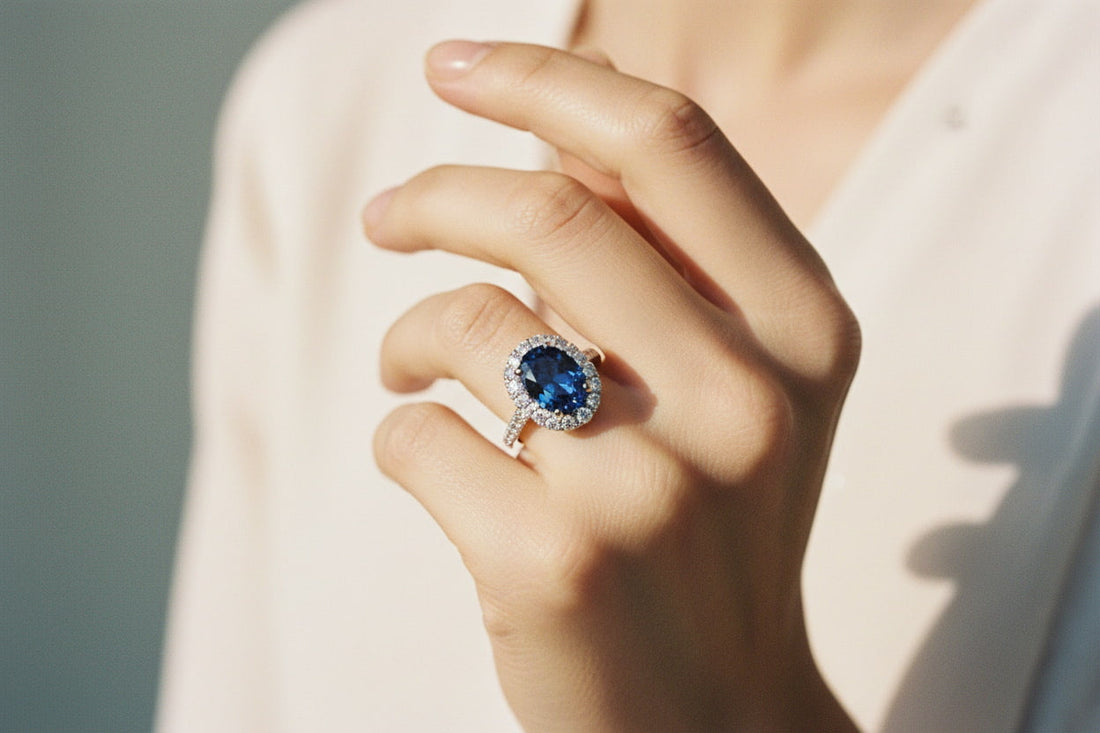Royal-inspired sapphire engagement ring — oval Ceylon sapphire surrounded by diamonds in platinum setting, editorial fine jewelry photography by JewelryRich