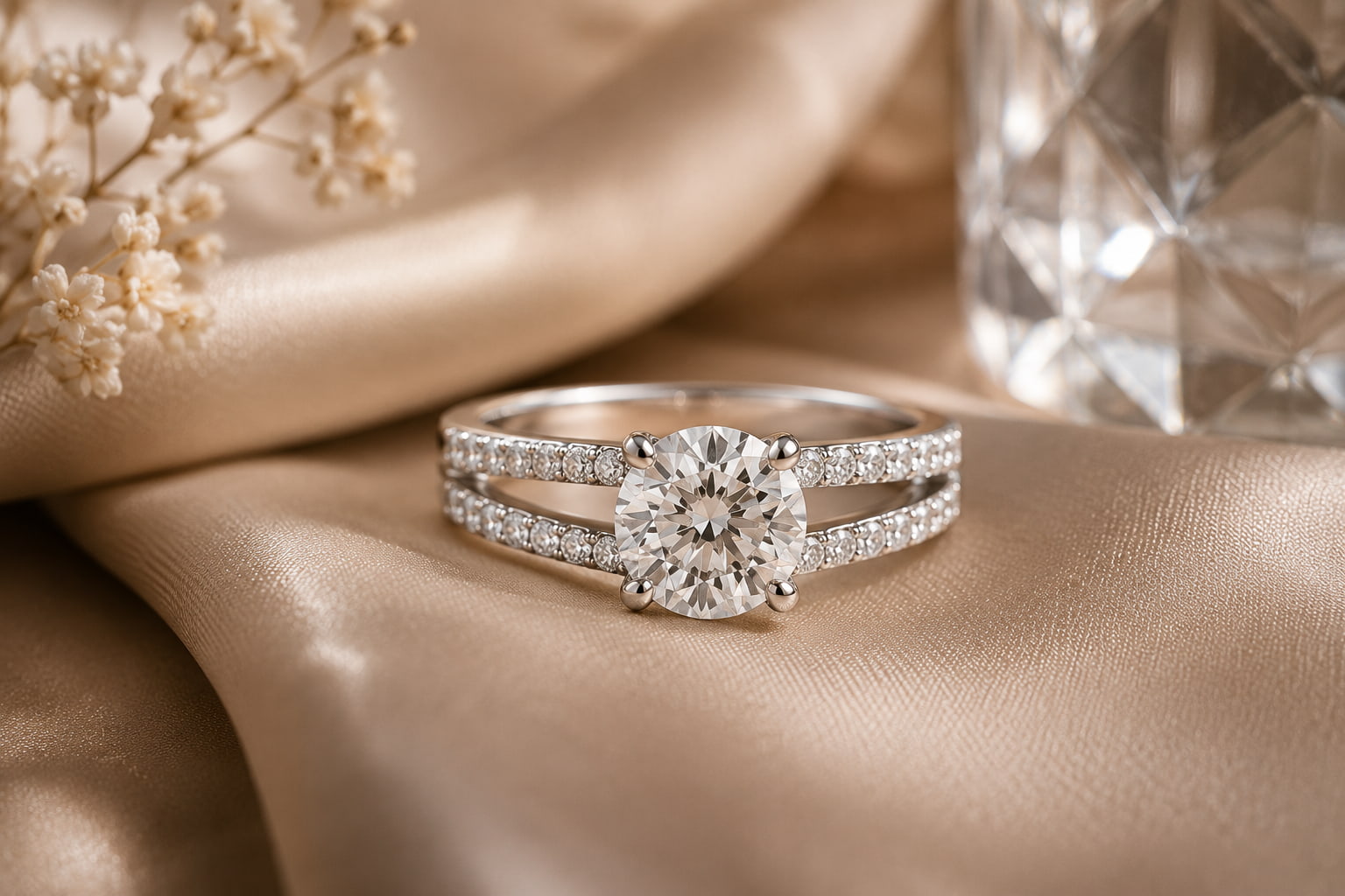Split shank diamond engagement ring in 18K white gold with pavé-set round brilliant diamonds on divided band, displayed on soft champagne silk fabric with crystal accents — JewelryRich fine jewelry.