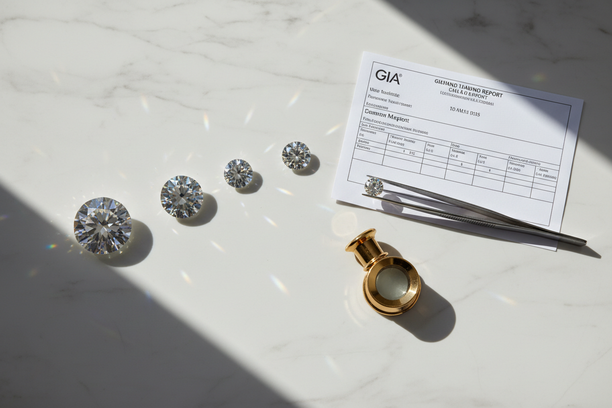 Four round brilliant diamonds with GIA grading report and jeweler's loupe on white marble — diamond 4Cs buying guide by JewelryRich