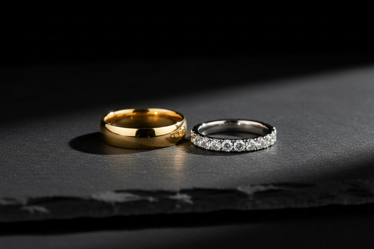 His and hers wedding band set in platinum and 18K white gold with pavé diamonds — JewelryRich