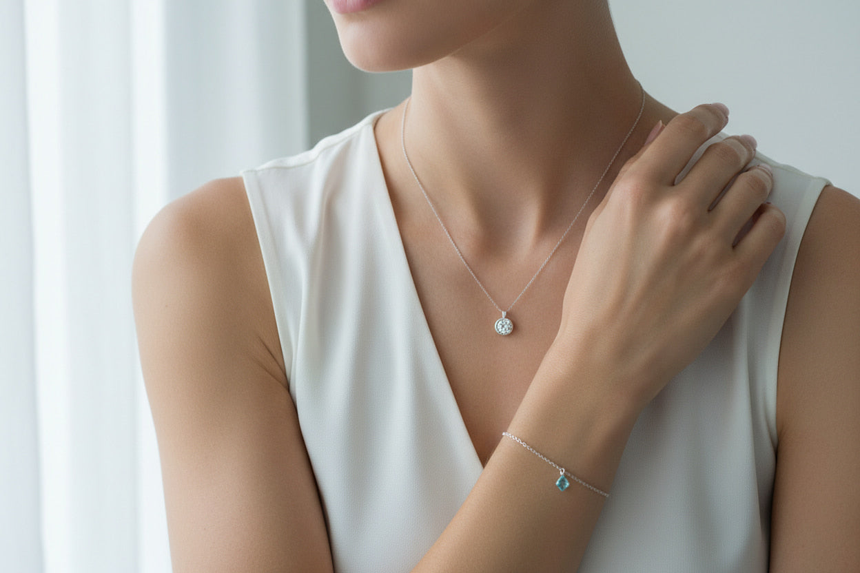 925 sterling silver jewelry collection — woman wearing sterling silver diamond pendant necklace and chain bracelet by JewelryRich