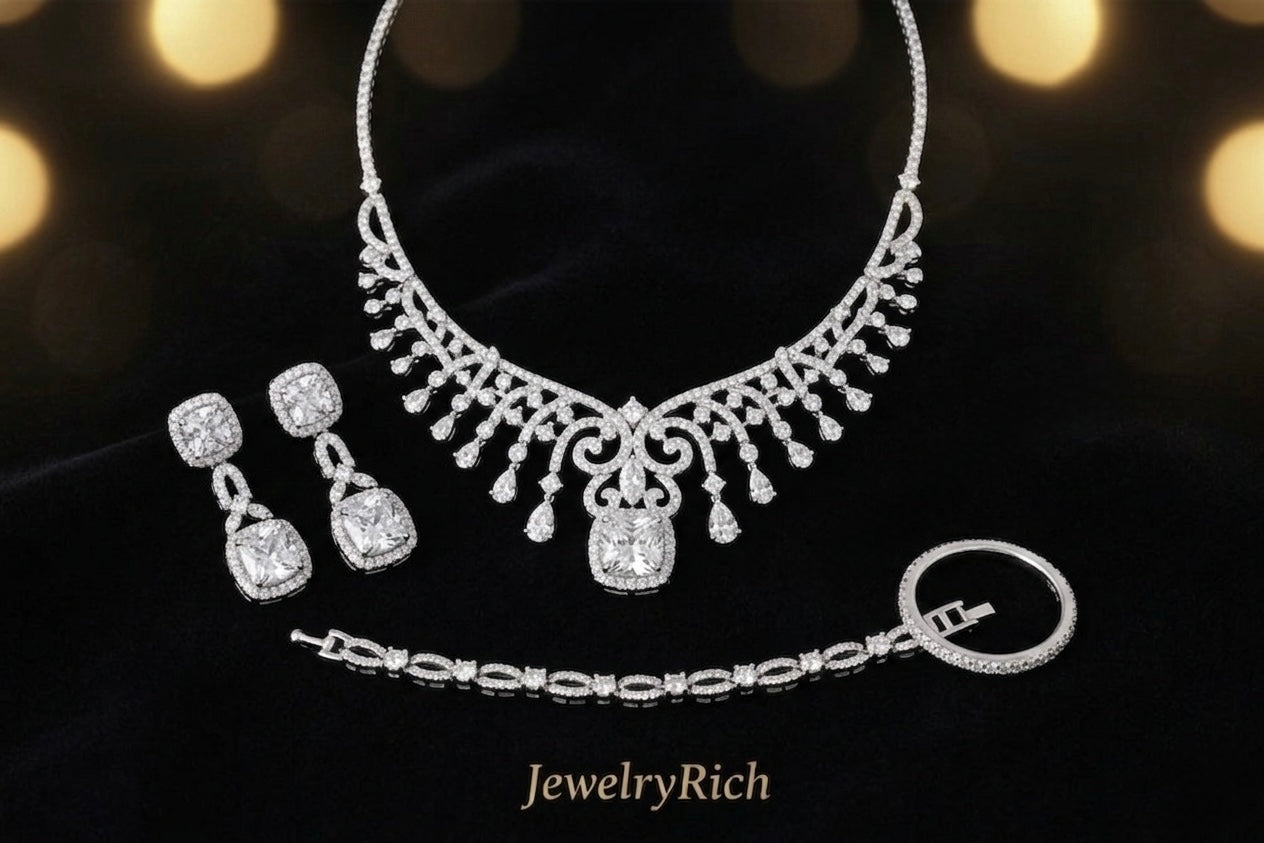 JewelryRich bridal jewelry sets — matching diamond engagement ring and wedding band sets in 18K gold and platinum, GIA certified, made to order