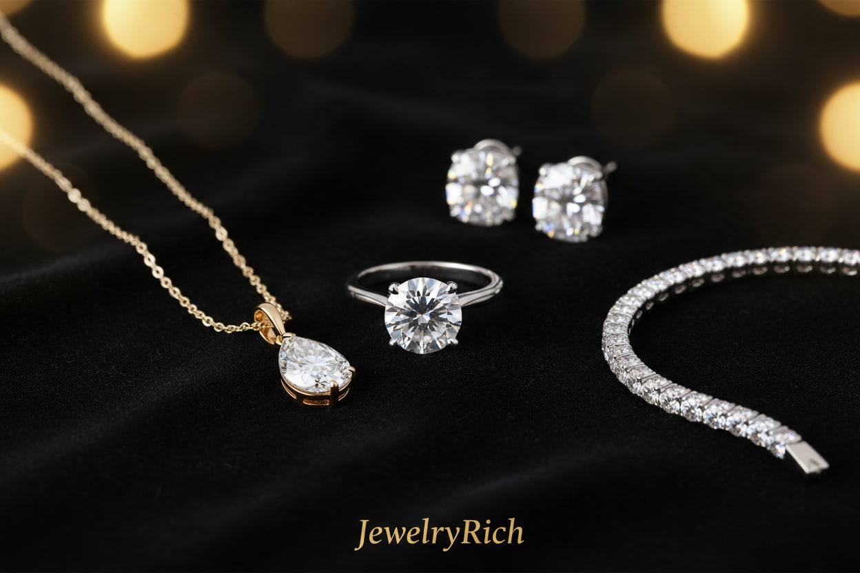 JewelryRich complete fine jewelry collection — diamond engagement ring, necklace, earrings and bracelet in 18K gold and platinum on dark velvet