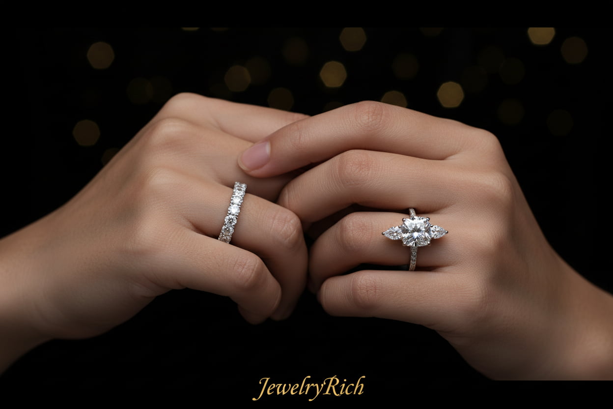 JewelryRich anniversary jewelry — diamond eternity band and three-stone ring in 18K white gold, romantic dark luxury editorialLight