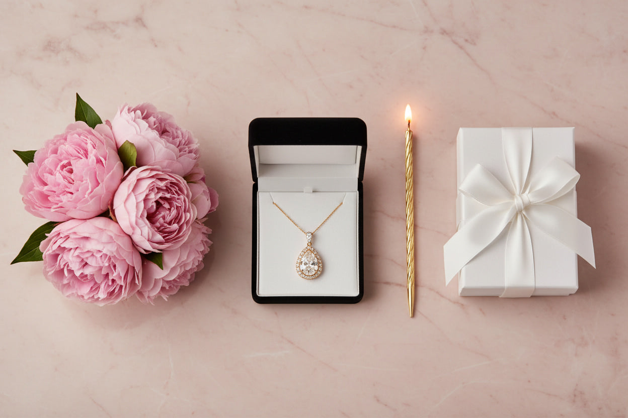 Birthday gifts jewelry collection — 18K gold diamond pendant necklace in luxury gift box with pink peonies by JewelryRich