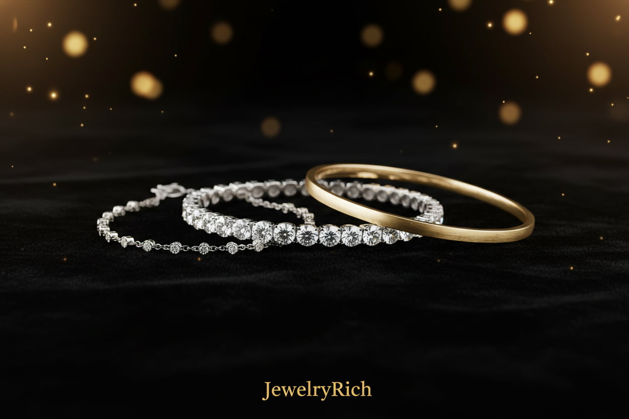 JewelryRich fine jewelry bracelets collection — diamond tennis bracelet, gold bangle and chain bracelet in 18K white and yellow gold