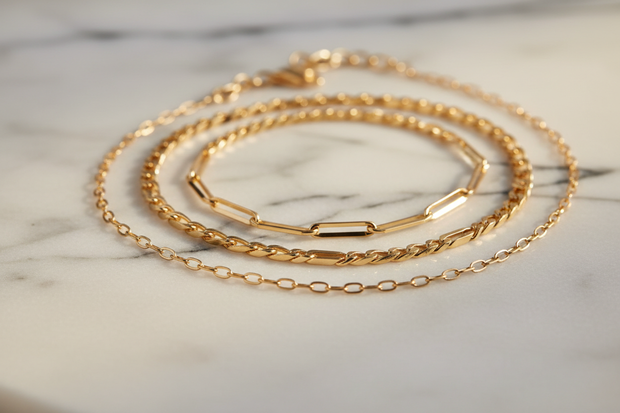 Chain bracelets collection — 18K yellow gold cable paperclip and figaro chain bracelets by JewelryRich